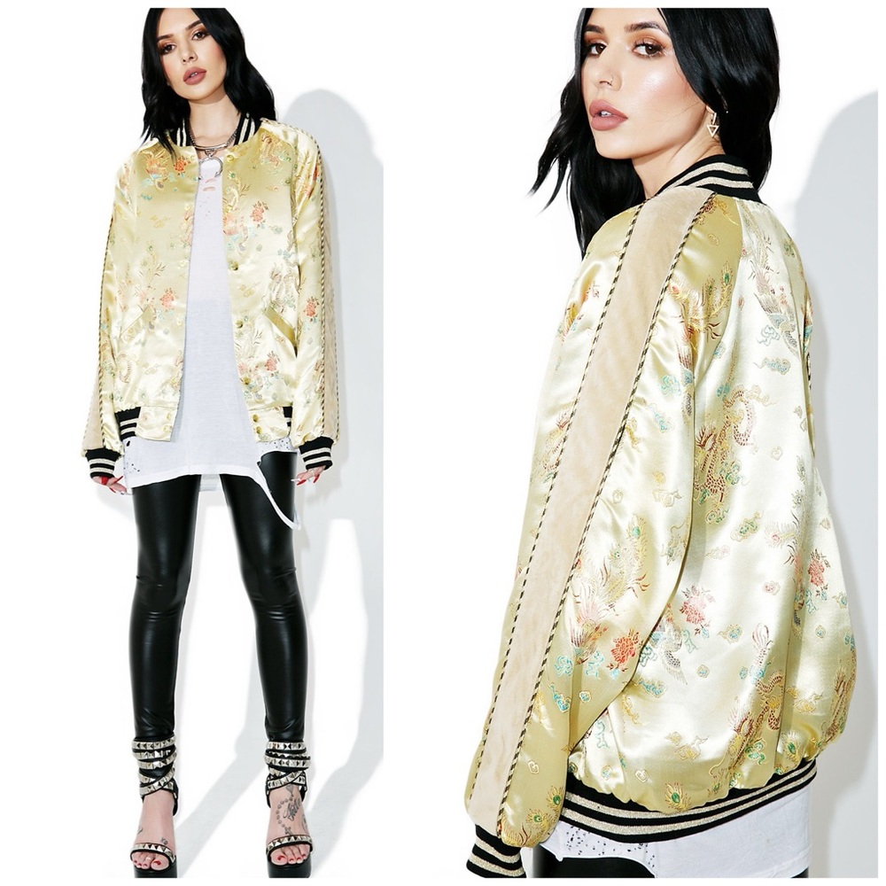 EUC Jaded London Gold Jacquard Oriental Satin Souvenir Bomber Jacket